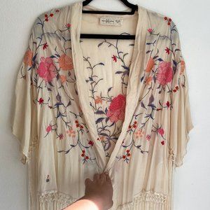 A&F Cream Floral Embroidery Kimono with Fringe